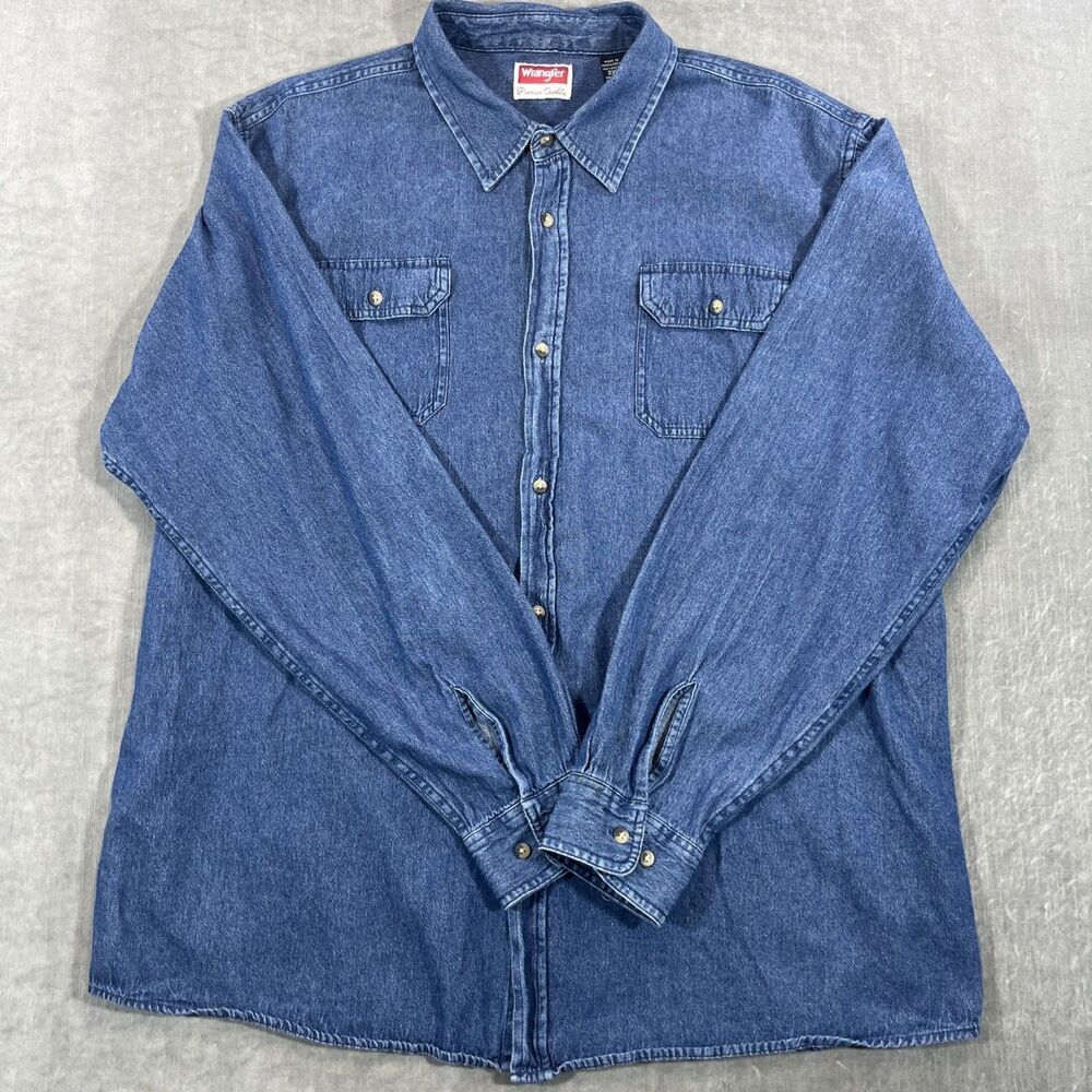 Wrangler Mens XLT Blue Denim Light Wash Western Style Button‎ Up Shirt